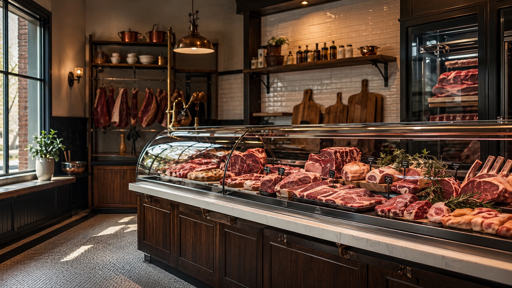 Warm butcher shop interior with display case and wood shelving